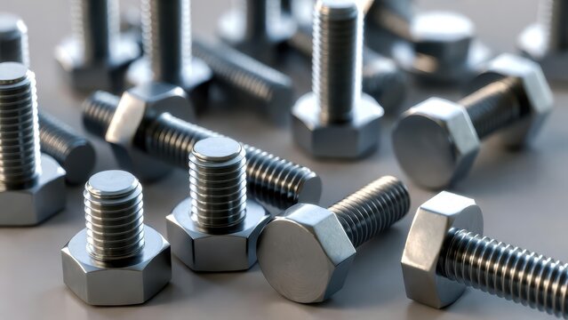 Close up of shiny metal hex head bolts and screws scattered on a light gray surface