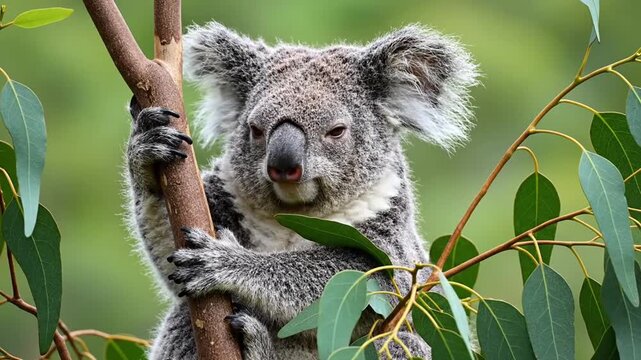 Koala bear climbing tree branches slowly.