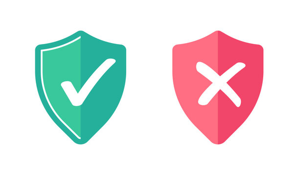 Shield security protected icon, unprotected vulnerability cross red safety guard sign symbol drawn doodle cartoon illustration set, rejected red and approved green safeguard guarantee clip art logo
