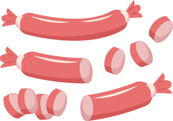 Naklejka premium Set of Fresh Pink Sausage Whole and Sliced Meat Products Illustration