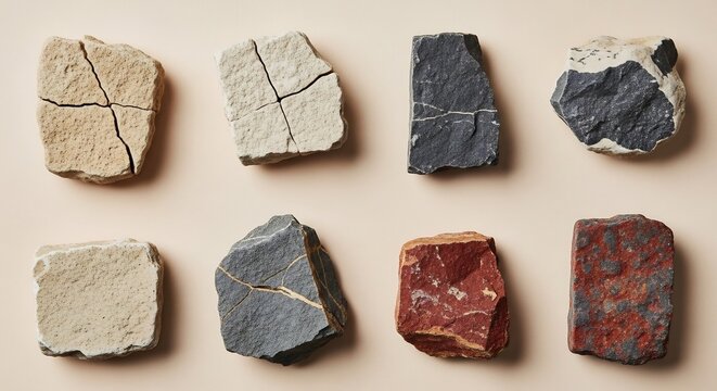 Collection of Eight Diverse Rock Samples Displayed on a Neutral Background.