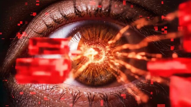 Human eye igniting with digital fire. Close-up sequence of iris glowing and bursting with red energy particles. Futuristic cybernetic vision activation concept for sci-fi visuals
