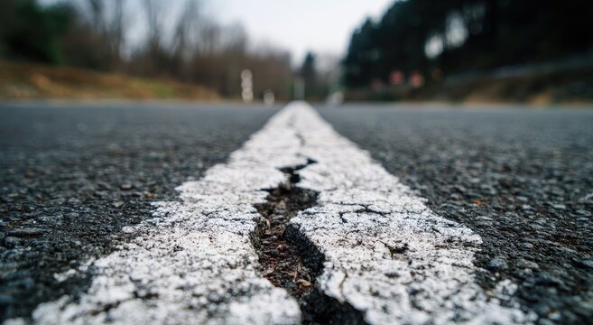 Cracked white line on asphalt road, out-of-focus background with trees