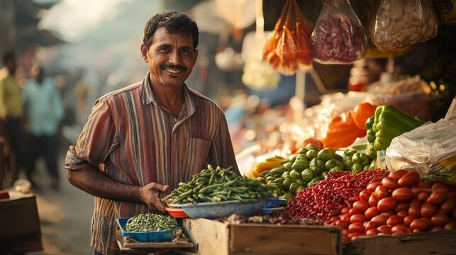 Vegetable merchant stands behind his wooden stall filled with fresh tomatoes, green peppers, and leafy greens while greeting customers at the local morning market.
