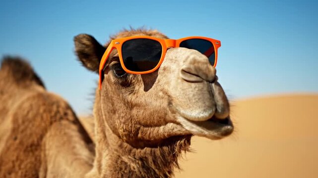 Camel wearing sunglasses in desert.