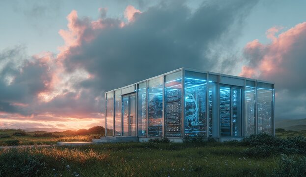 Futuristic glass building with glowing servers in a grassy field at sunset