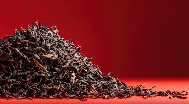 Pile of Dried Black Tea Leaves on Red Surface.