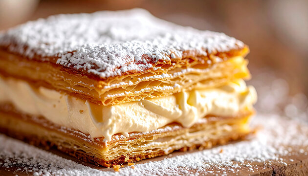 Slice of mille-feuille with layers of crispy puff pastry and creamy filling, dusted with powdered sugar, elegant French dessert. Sweet food