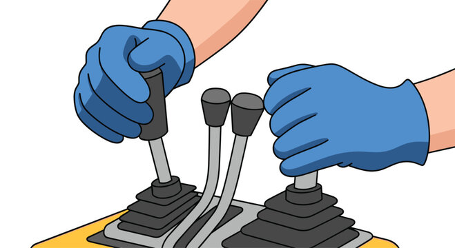 A person wearing blue protective gloves manipulates two black control levers on a yellow mechanical interface isolated on a plain white background in flat style.