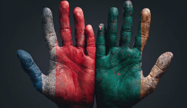 Two open palms, one painted French, the other Ivorian