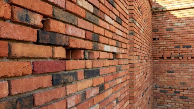Textured Old Red Brick Wall Corner With Sunlight Shadows and Varied Tones