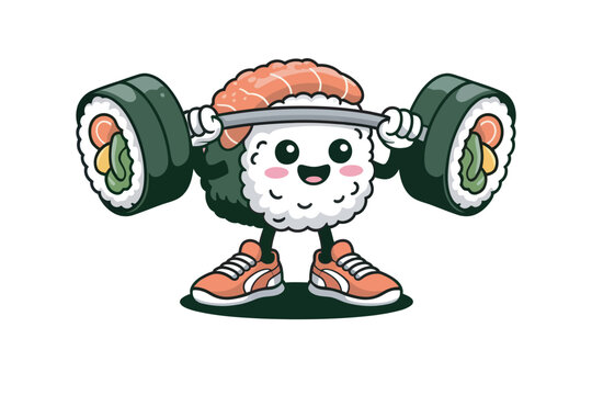 A cute sushi character lifting weights with sushi rolls on transparent background high-quality professional detailed modern elegant stylish clean crisp vibrant.