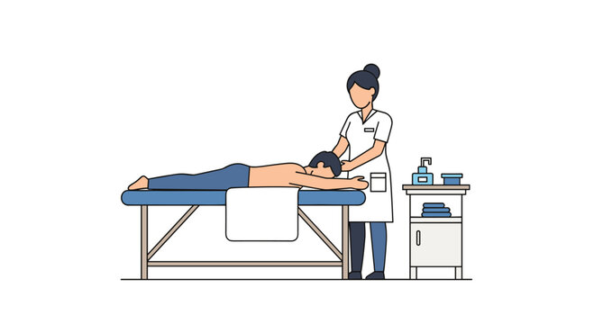 A professional female massage therapist in a white coat performs a back massage on a patient lying prone on a blue table with equipment nearby in a clinic.