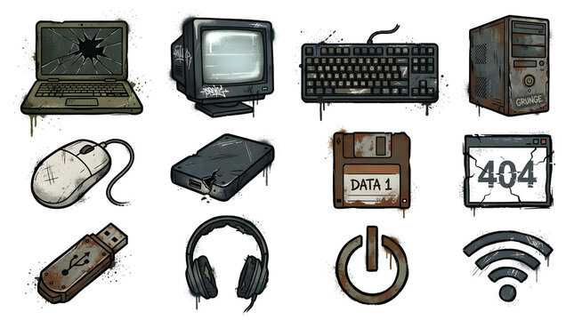 Post apocalyptic technology equipment stickers with rusted texture and glitch effects on old hardware devices and symbols.