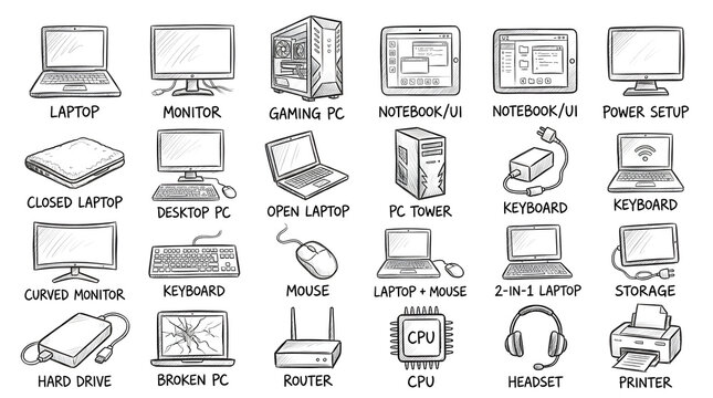 Hand drawn computer hardware and office equipment sketches with labels for technology educational infographics and diagrams.