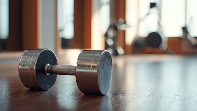 Dumbbell resting on polished wooden floor in a gym.