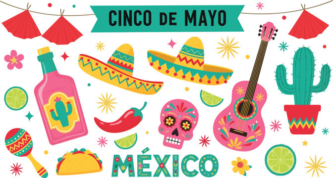 Colorful Cinco de Mayo Mexican Fiesta Set with Sombrero Guitar Skull Tequila Taco and Cactus Collection