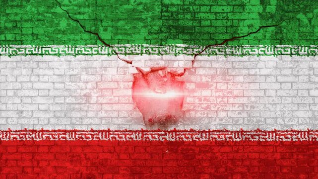 Iranian flag painted on a grunge brick wall, cracking and exploding from the center, symbolizing geopolitical crisis, conflict, tension, and impending conflict