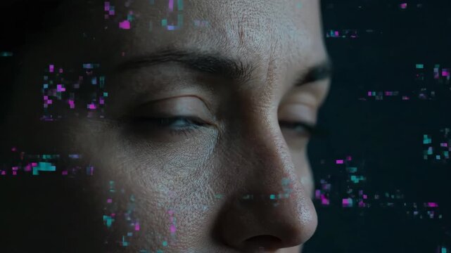 Woman awakening amid digital glitches on face. Progressive eye opening with pixel distortions. Cyber glitch art animation sequence for tech surrealism.