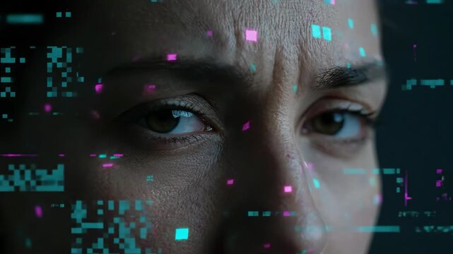 Womans face distorted by digital glitches. Cyber pixel effects overlaying skin and features. Technology merging with human identity in futuristic animation.