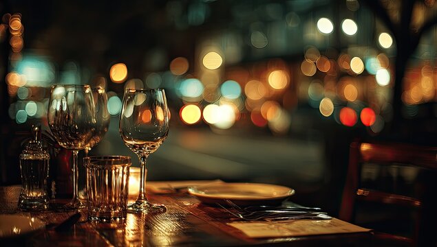 A candlelit table with wine glasses awaits patrons at a softly blurred, vibrant city restaurant
