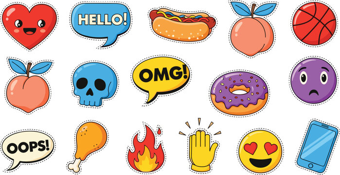 Colorful Retro Cartoon Sticker Set with Emoji Heart Skull Food Basketball Phone and Typography Collection