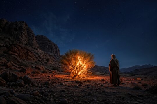 a solitary figure faces a blazing tree beneath the night sky at tuwa, a symbolic moses calling scene of revelation, holiness, awe, divine speech and sacred encounter