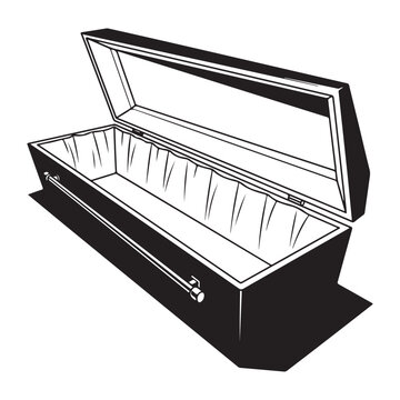 Black and white vector illustration of an empty open coffin isolated on white background