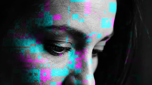 Womans face in profile transitioning to digital glitch. Black and white portrait evolving into pixelated cyan and magenta distortion. Cyber identity and technology breakdown concept.