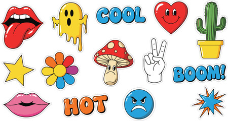 Retro Groovy Cartoon Sticker Set with Lips Ghost Mushroom Flower Heart Cactus and Bold Typography Collection © MdJillur