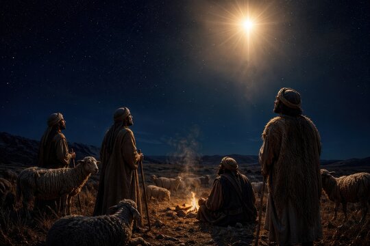 shepherds gathered with their flock beneath the bright night sky, a reverent nativity scene of wonder and worship as they behold the heavenly sign with awe