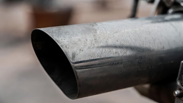 Close-up of a weathered metal exhaust pipe with a heart-shaped opening, showing texture