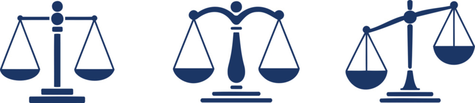 Three blue scales of justice balance legal