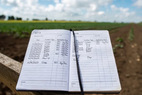 Farmer's notebook with fertilizer application records in a field, close-up
