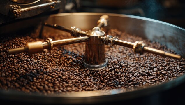 Close-up of Freshly Roasted Coffee Beans in a Roasting Machine.