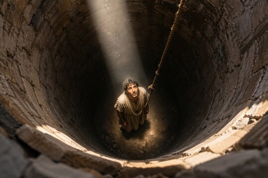 top view into a deep stone well where a young figure stands in a shaft of light, a dramatic yusuf or joseph scene of abandonment, trial, hope and divine destiny