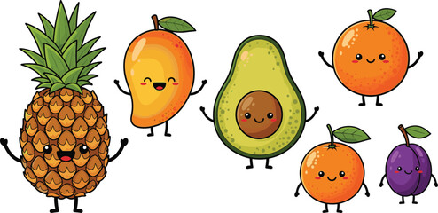 Fototapeta premium Cute Cartoon Smiling Tropical Fruit Characters Set with Pineapple Mango Avocado Orange and Plum Collection