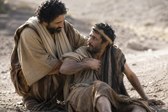 a compassionate traveler lifts and supports an injured man on a dusty roadside, a good samaritan scene symbolizing mercy, help, human kindness, care and neighborly love