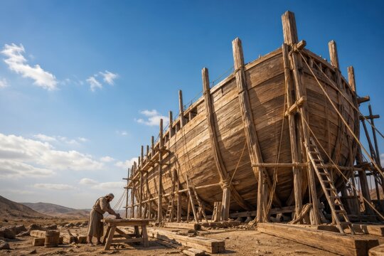 worker builds the great wooden ark in an arid landscape beneath clear sky, a powerful noah or nuh scene symbolizing obedience, preparation, divine warning and salvation