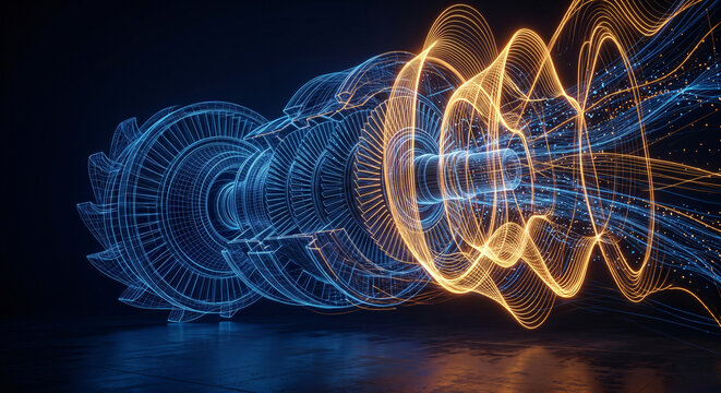 Abstract neon wireframe of a glowing industrial turbine engine with energy flow