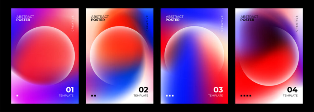 Futuristic abstract posters collection. Vibrant blurred gradients and defocused white spheres for creative graphic design. Vector illustration.