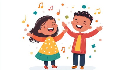 Fototapeta premium Children stand together and celebrate with laughter while colorful musical notes and shapes float around them in a festive environment.