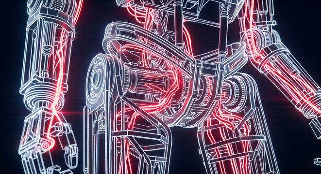 Futuristic neon wireframe of a humanoid robot torso with glowing red internal cables