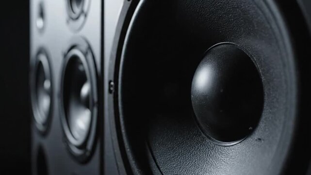 Closeup of black speaker with audio equipment.
