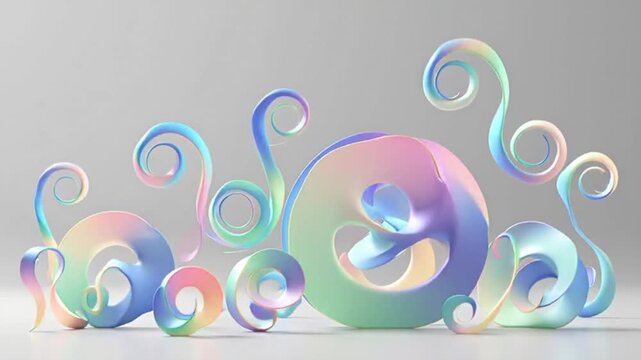 Abstract Swirling Iridescent Shapes on Gray Background