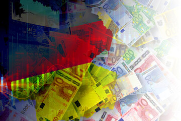 Naklejka premium Germany Map and Flag with Euro Banknotes and Financial Data – Economy and Inflation Concept