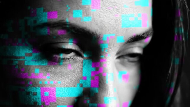 Womans face glitches in digital animation. Close-up portrait with pixelated distortion evolving from partial to full cyber effect. Technology and visual art concept for modern media.