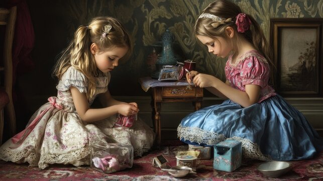 Children dressed in vintage attire sit on the floor while playing with small antique toys in a dimly lit room.