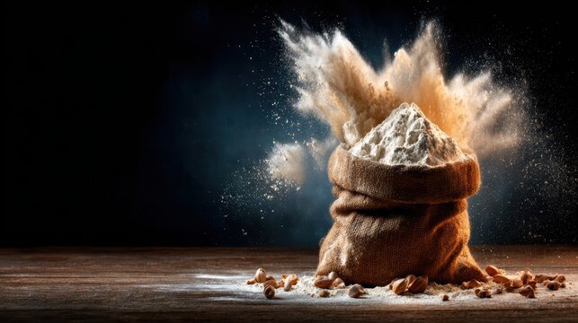 An expressive image of a flour bag bursting open, releasing a cloud of flour into the air, illustrating action and the raw beauty of baking in a visually striking manner.