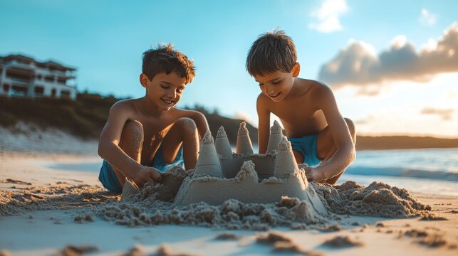 Brothers play in the wet sand to construct a large castle near the shoreline during a golden sunset at a coastal resort destination.